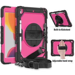 For iPad 10.2 Shockproof Colorful Silica Gel + PC Protective Case with Holder & Shoulder Strap & Hand Strap & Pen Slot(Black+Hot Pink)