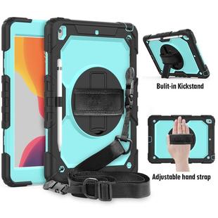 For iPad 10.2 Shockproof Colorful Silica Gel + PC Protective Case with Holder & Shoulder Strap & Hand Strap & Pen Slot(Black+Teal)