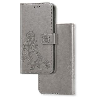 For OnePlus 7T   Lucky Clover Pressed Flowers Pattern Leather Case with Holder & Card Slots & Wallet & Hand Strap(Gray)