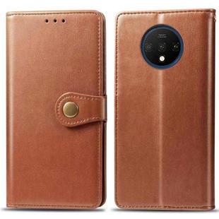 For One Plus 7T  Retro Solid Color Leather Buckle Mobile Phone Protection Leather Case with Photo Frame & Card Slot & Wallet & Bracket Function(Brown)