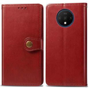 For One Plus 7T  Retro Solid Color Leather Buckle Mobile Phone Protection Leather Case with Photo Frame & Card Slot & Wallet & Bracket Function(Red)