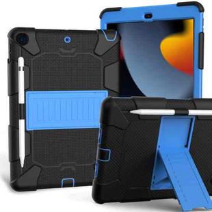 For iPad 10.2 Shockproof Two-Color Silicone Protection Case with Holder & Pen Slot(Black+Blue)