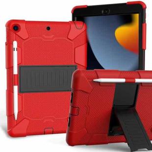 For iPad 10.2 Shockproof Two-Color Silicone Protection Case with Holder & Pen Slot(Red+Black)
