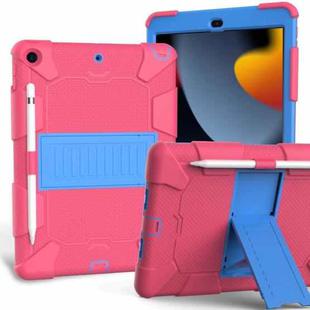 For iPad 10.2 Shockproof Two-Color Silicone Protection Case with Holder & Pen Slot(Hot Pink+Blue)