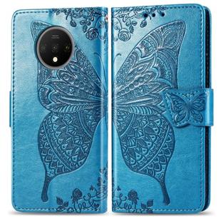 For One Plus 7T  Butterfly Love Flower Embossed Horizontal Flip Leather Case with Bracket Lanyard Card Slot Wallet(Blue)