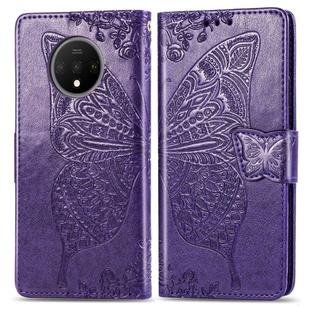 For One Plus 7T  Butterfly Love Flower Embossed Horizontal Flip Leather Case with Bracket Lanyard Card Slot Wallet(Dark Purple)