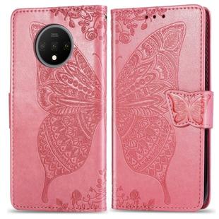 For One Plus 7T  Butterfly Love Flower Embossed Horizontal Flip Leather Case with Bracket Lanyard Card Slot Wallet(Pink)