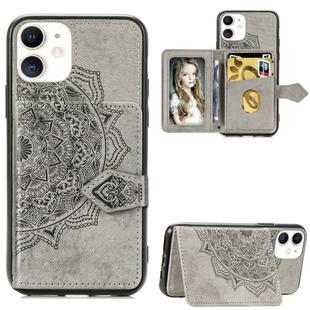 For iPhone 11    Mandala Embossed Cloth Card Case Mobile Phone Case with Magnetic and Bracket Function with Card Bag / Wallet / Photo Frame Function with Hand Strap(Gray)