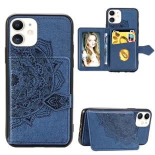For iPhone 11    Mandala Embossed Cloth Card Case Mobile Phone Case with Magnetic and Bracket Function with Card Bag / Wallet / Photo Frame Function with Hand Strap(Blue)