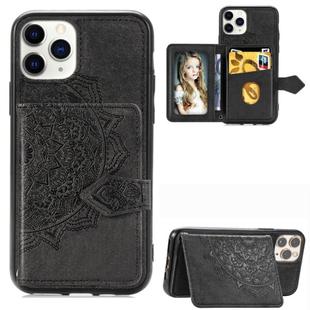 For iPhone 11 Pro Mandala Embossed Cloth Card Case Mobile Phone Case with Magnetic and Bracket Function with Card Bag / Wallet / Photo Frame Function with Hand Strap(Black)