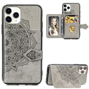 For iPhone 11 Pro Mandala Embossed Cloth Card Case Mobile Phone Case with Magnetic and Bracket Function with Card Bag / Wallet / Photo Frame Function with Hand Strap(Gray)