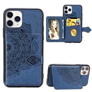 For iPhone 11 Pro Mandala Embossed Cloth Card Case Mobile Phone Case with Magnetic and Bracket Function with Card Bag / Wallet / Photo Frame Function with Hand Strap(Blue)