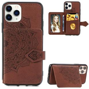 For iPhone 11 Pro Mandala Embossed Cloth Card Case Mobile Phone Case with Magnetic and Bracket Function with Card Bag / Wallet / Photo Frame Function with Hand Strap(Brown)