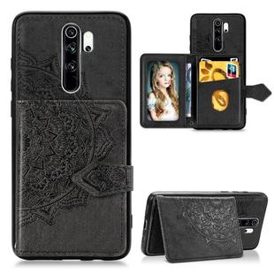 For Xiaomi Redmi Note 8 Pro  Mandala Embossed Cloth Card Case Mobile Phone Case with Magnetic and Bracket Function with Card Bag / Wallet / Photo Frame Function with Hand Strap(Black)