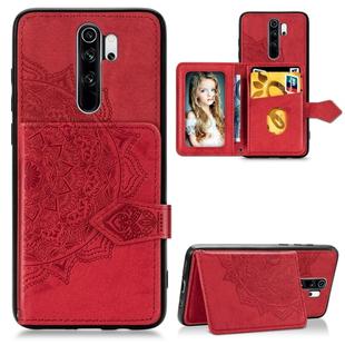 For Xiaomi Redmi Note 8 Pro  Mandala Embossed Cloth Card Case Mobile Phone Case with Magnetic and Bracket Function with Card Bag / Wallet / Photo Frame Function with Hand Strap(Red)