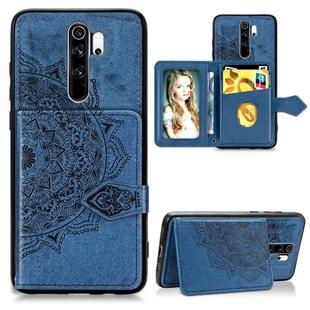 For Xiaomi Redmi Note 8 Pro  Mandala Embossed Cloth Card Case Mobile Phone Case with Magnetic and Bracket Function with Card Bag / Wallet / Photo Frame Function with Hand Strap(Blue)