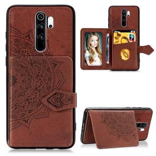 For Xiaomi Redmi Note 8 Pro  Mandala Embossed Cloth Card Case Mobile Phone Case with Magnetic and Bracket Function with Card Bag / Wallet / Photo Frame Function with Hand Strap(Brown)