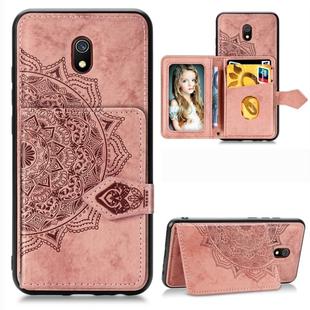 For Xiaomi Redmi 8A Mandala Embossed Cloth Card Case Mobile Phone Case with Magnetic and Bracket Function with Card Bag / Wallet / Photo Frame Function with Hand Strap(Rose Gold)