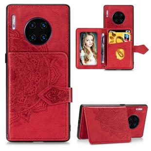 For Huawei Mate 30 Pro  Mandala Embossed Cloth Card Case Mobile Phone Case with Magnetic and Bracket Function with Card Bag / Wallet / Photo Frame Function with Hand Strap(Red)