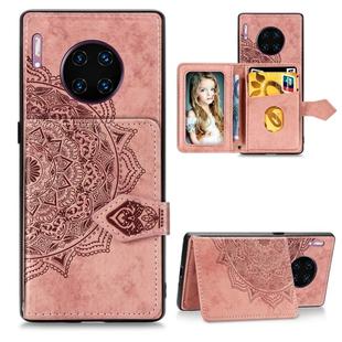 For Huawei Mate 30 Pro  Mandala Embossed Cloth Card Case Mobile Phone Case with Magnetic and Bracket Function with Card Bag / Wallet / Photo Frame Function with Hand Strap(Rose Gold)