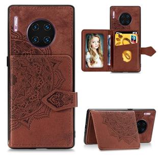 For Huawei Mate 30 Pro  Mandala Embossed Cloth Card Case Mobile Phone Case with Magnetic and Bracket Function with Card Bag / Wallet / Photo Frame Function with Hand Strap(Brown)