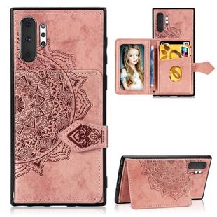 For Galaxy Note 10 Pro Mandala Embossed Cloth Card Case Mobile Phone Case with Magnetic and Bracket Function with Card Bag / Wallet / Photo Frame Function with Hand Strap(Rose Gold)