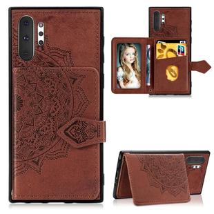 For Galaxy Note 10 Pro Mandala Embossed Cloth Card Case Mobile Phone Case with Magnetic and Bracket Function with Card Bag / Wallet / Photo Frame Function with Hand Strap(Brown)