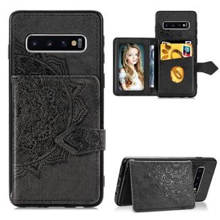 For Galaxy S10 Plus  Mandala Embossed Cloth Card Case Mobile Phone Case with Magnetic and Bracket Function with Card Bag / Wallet / Photo Frame Function with Hand Strap(Black)