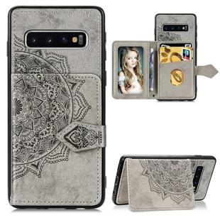 For Galaxy S10 Plus  Mandala Embossed Cloth Card Case Mobile Phone Case with Magnetic and Bracket Function with Card Bag / Wallet / Photo Frame Function with Hand Strap(Gray)