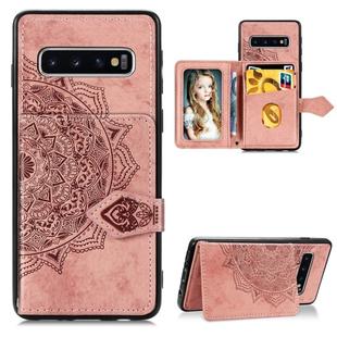 For Galaxy S10 Plus  Mandala Embossed Cloth Card Case Mobile Phone Case with Magnetic and Bracket Function with Card Bag / Wallet / Photo Frame Function with Hand Strap(Rose Gold)