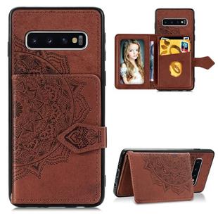 For Galaxy S10 Plus  Mandala Embossed Cloth Card Case Mobile Phone Case with Magnetic and Bracket Function with Card Bag / Wallet / Photo Frame Function with Hand Strap(Brown)