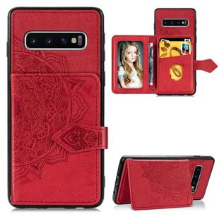 For Galaxy S10   Mandala Embossed Cloth Card Case Mobile Phone Case with Magnetic and Bracket Function with Card Bag / Wallet / Photo Frame Function with Hand Strap(Red)