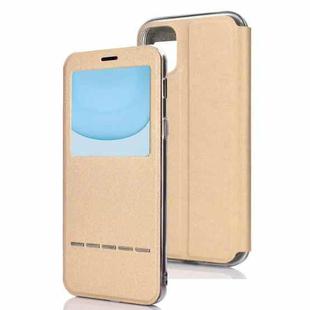 For iPhone 11  Matte Texture Horizontal Flip Bracket Mobile Phone Holster Window with Caller ID and Metal Button Slide To Unlock(Gold)