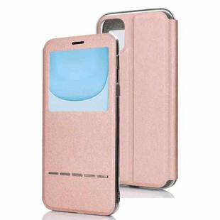 For iPhone 11  Matte Texture Horizontal Flip Bracket Mobile Phone Holster Window with Caller ID and Metal Button Slide To Unlock(Rose Gold)