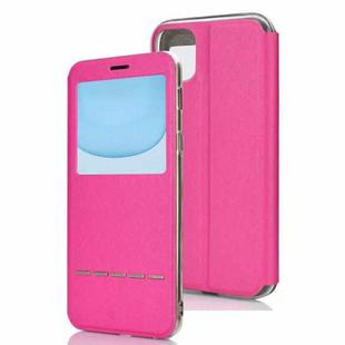 For iPhone 11  Matte Texture Horizontal Flip Bracket Mobile Phone Holster Window with Caller ID and Metal Button Slide To Unlock(Magenta)