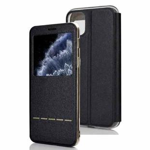 For iPhone 11 Pro Matte Texture Horizontal Flip Bracket Mobile Phone Holster Window with Caller ID and Metal Button Slide To Unlock(Black)