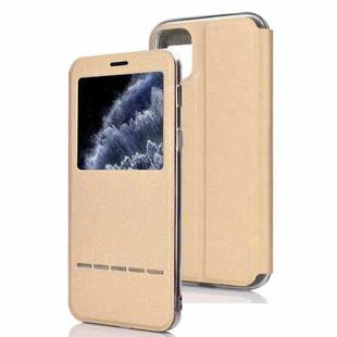 For iPhone 11 Pro Matte Texture Horizontal Flip Bracket Mobile Phone Holster Window with Caller ID and Metal Button Slide To Unlock(Gold)