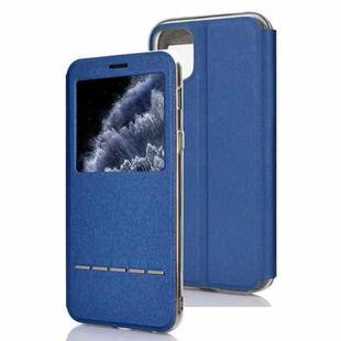 For iPhone 11 Pro Matte Texture Horizontal Flip Bracket Mobile Phone Holster Window with Caller ID and Metal Button Slide To Unlock(Blue)