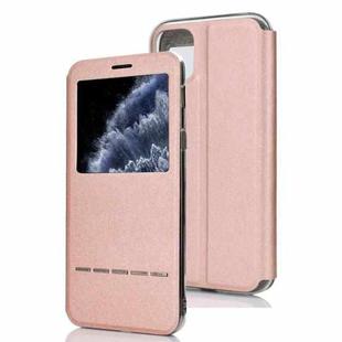 For iPhone 11 Pro Matte Texture Horizontal Flip Bracket Mobile Phone Holster Window with Caller ID and Metal Button Slide To Unlock(Rose Gold)