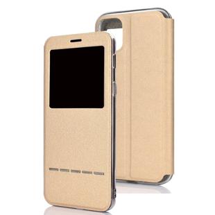 For iPhone 11 Pro Max Matte Texture Horizontal Flip Bracket Mobile Phone Holster Window with Caller ID and Metal Button Slide To Unlock(Gold)