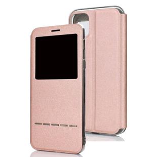 For iPhone 11 Pro Max Matte Texture Horizontal Flip Bracket Mobile Phone Holster Window with Caller ID and Metal Button Slide To Unlock(Rose Gold)