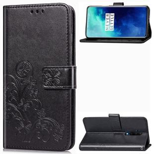 For One Plus 7T Pro Four-leaf Clasp Embossed Buckle Mobile Phone Protection Leather Case with Lanyard & Card Slot & Wallet & Bracket Function(Black)
