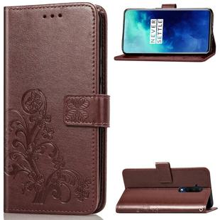 For One Plus 7T Pro Four-leaf Clasp Embossed Buckle Mobile Phone Protection Leather Case with Lanyard & Card Slot & Wallet & Bracket Function(Brown)