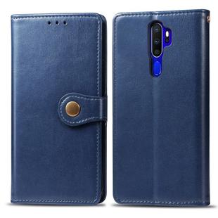 For OPPO A5 2020 / A9 2020 Retro Solid Color Leather Buckle Phone Case with Lanyard & Photo Frame & Card Slot & Wallet & Stand Function(Blue)