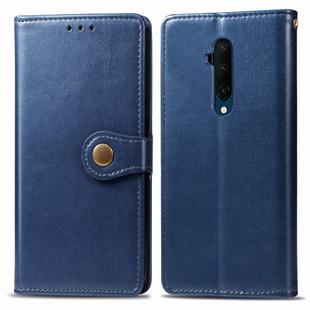 For One Plus 7T Pro Retro Solid Color Leather Buckle Phone Case with Lanyard & Photo Frame & Card Slot & Wallet & Stand Function(Blue)