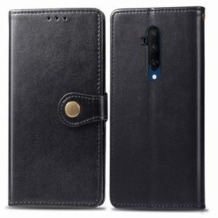 For One Plus 7T Pro Retro Solid Color Leather Buckle Phone Case with Lanyard & Photo Frame & Card Slot & Wallet & Stand Function(Black)