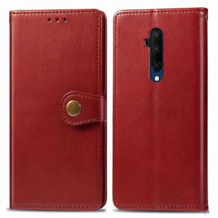 For One Plus 7T Pro Retro Solid Color Leather Buckle Phone Case with Lanyard & Photo Frame & Card Slot & Wallet & Stand Function(Red)