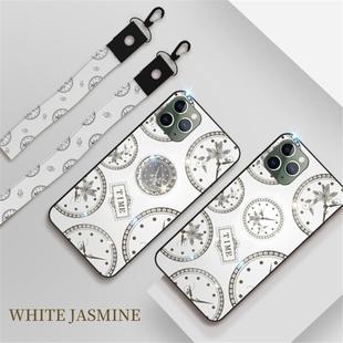 For iPhone 11 Fashion Clock Pattern Rhinestone Mobile Phone Shell with Bracket / Hand Rope / Lanyard(White)