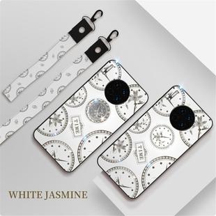 For Huawei Mate 30 Fashion Clock Pattern Rhinestone Mobile Phone Shell with Bracket / Hand Rope / Lanyard(White)