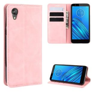 For Motorola Moto E6 Retro-skin Business Magnetic Suction Leather Case with Purse-Bracket-Chuck(Pink)